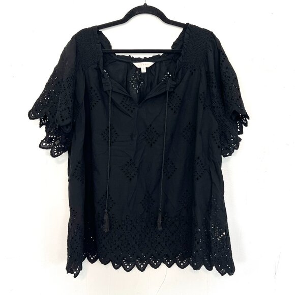 Adiva Top Black Eyelet Embroidered Tassel Tie Scalloped Hem 3X - Picture 1 of 6